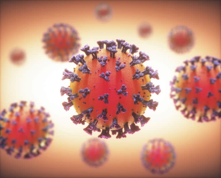 COVID-19, Coronavirus, group of viruses that cause diseases in mammals and birds. In humans, the virus causes respiratory infections. 3D illustration.
