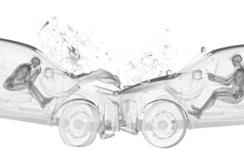 3d rendered illustration of two cars in a head on collision
