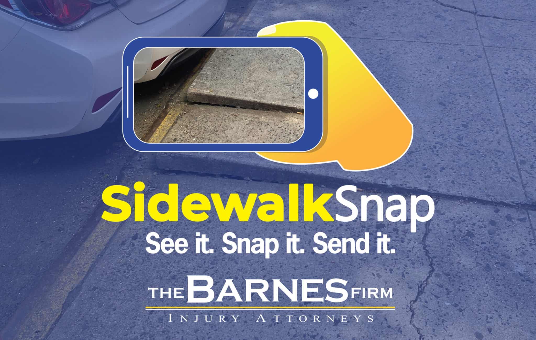 sidewalk snap logo, see it snap it send it, by the barnes firm on a blue background
