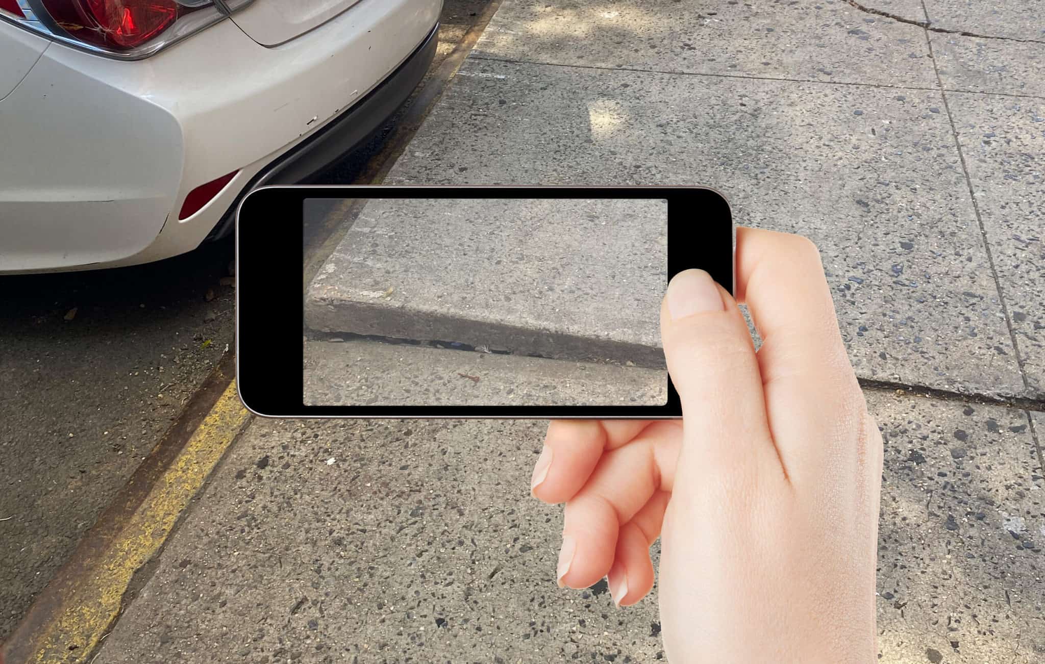 hand holding a smartphone, taking a picture of a raised and broken sidewalk to submit to Sidewalksnap